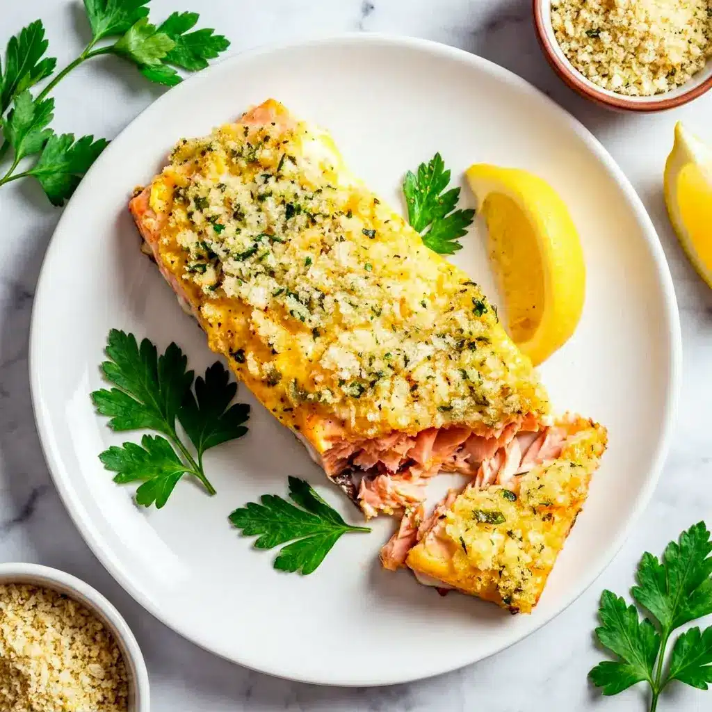 Honey Mustard Salmon featuring a crunchy Panko Crusted Honey Mustard Salmon topping, baked to perfection with a sweet and tangy finish.