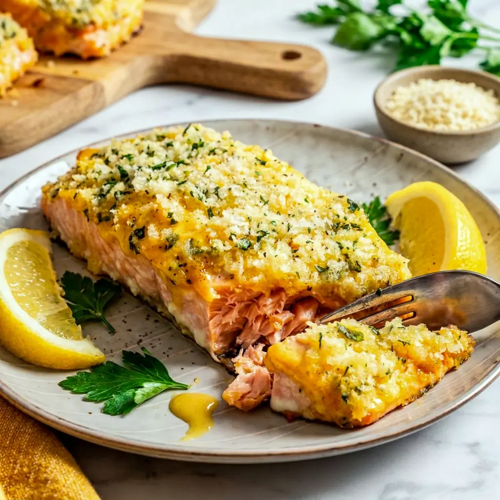 Honey Mustard Salmon with a golden Crispy Mustard Salmon coating, baked until flaky and topped with fresh herbs on a simple dinner plate.
