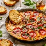 Hot Honey & Basil Pepperoni Pizza Dip served warm with crunchy Hot Honey Pizza Chips for an easy party snack.