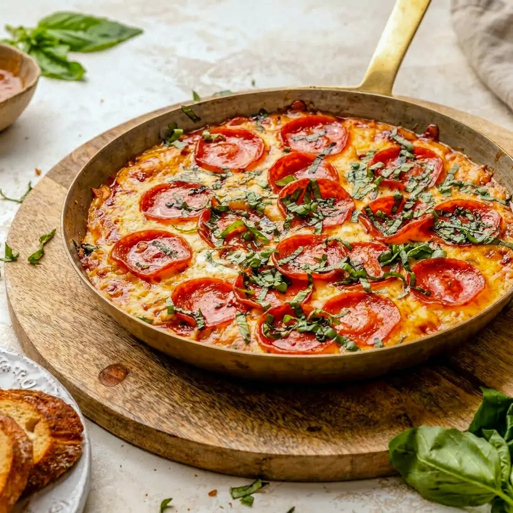 Hot Honey & Basil Pepperoni Pizza Dip topped with melted cheese and basil, inspired by Hot Honey Pizza Dip flavor.