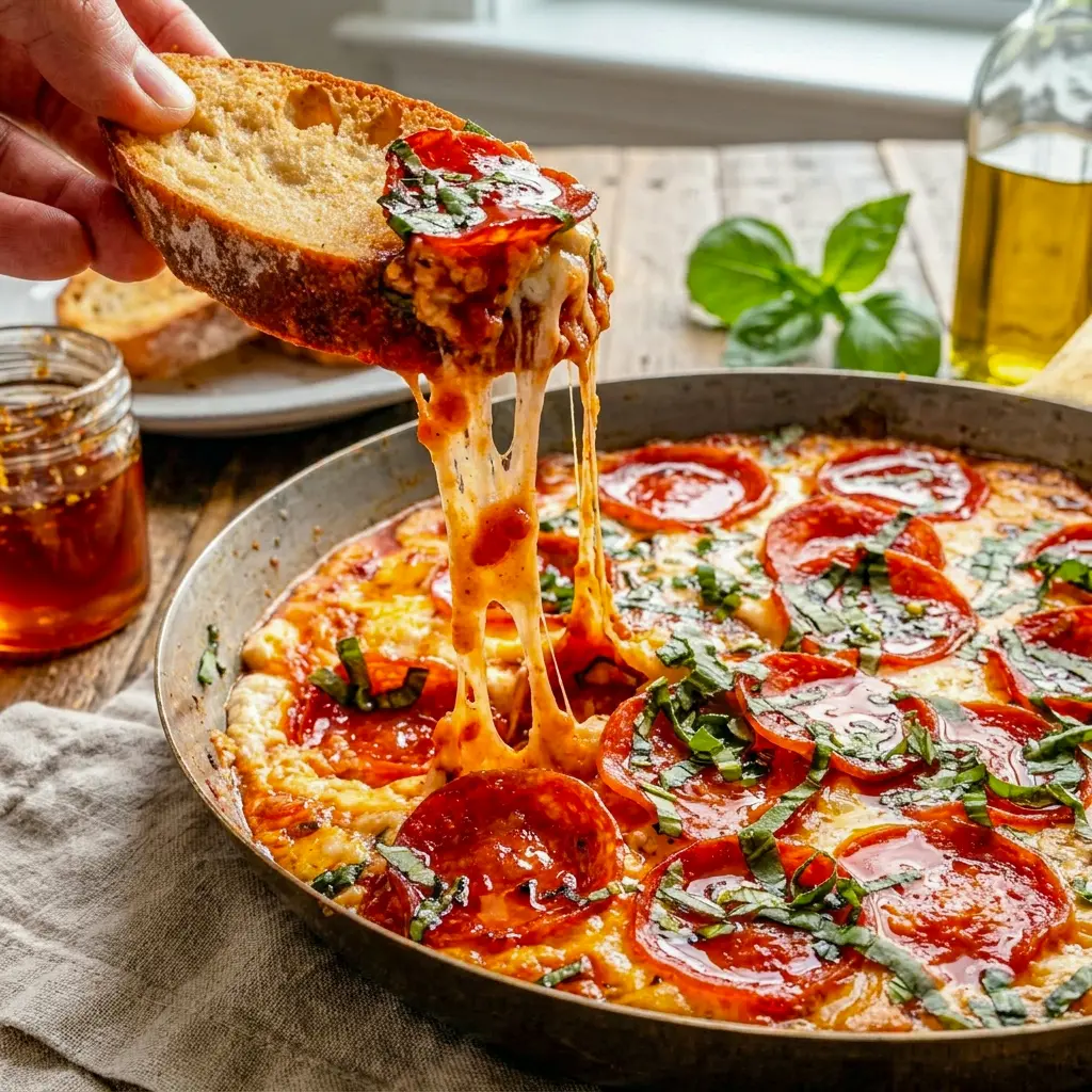 Hot Honey & Basil Pepperoni Pizza Dip baked in a skillet and drizzled with sweet heat, like Hot Honey Goat Cheese Pizza Dip.