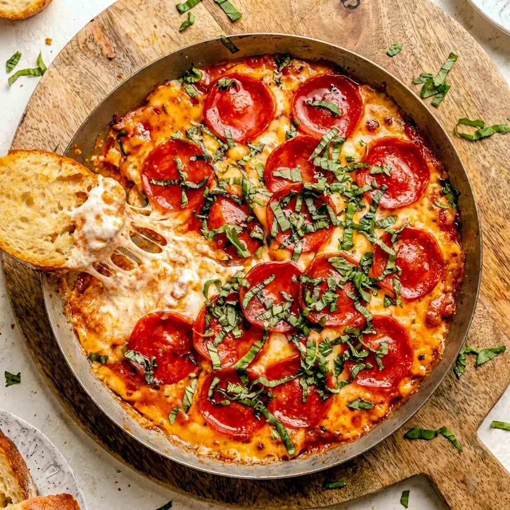 Hot Honey & Basil Pepperoni Pizza Dip with bubbly pepperoni and toast points, a fun spin on Hot Honey Pepperoni Flatbread.