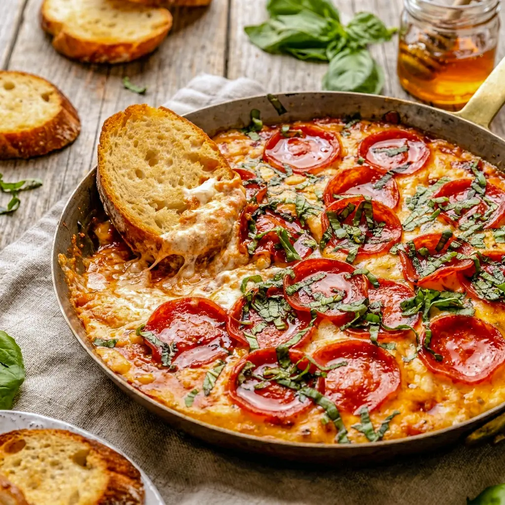 Hot Honey & Basil Pepperoni Pizza Dip served warm with crunchy Hot Honey Pizza Chips for an easy party snack.