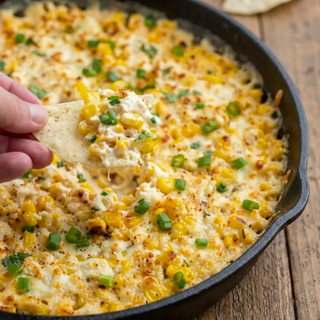 Creamy Baked Elote Dip topped with melted cheese, one of the easiest Dip Recipes for sharing.