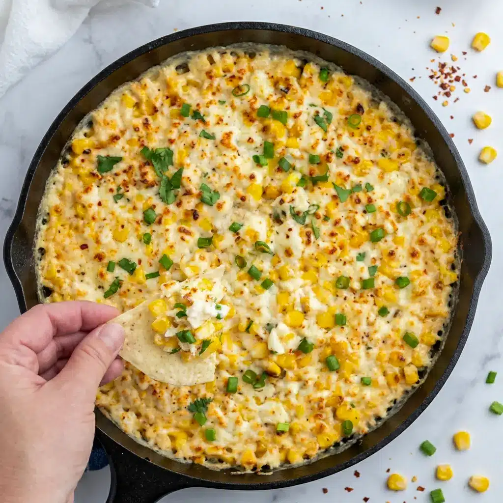 Skillet Baked Elote Dip with a broiled cheese topping, an irresistible choice for Appetizer Recipes and Good Eats.