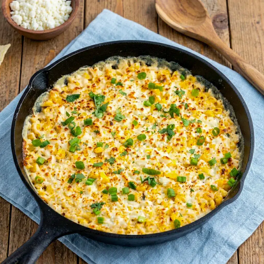 Baked Elote Dip bubbling in a skillet, a crowd-pleasing Elote Dip Recipe for game day.