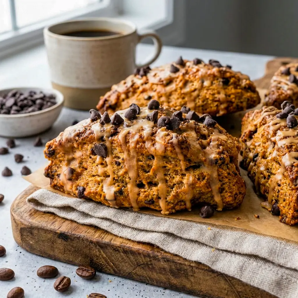 Freshly baked Chocolate Chip Coffee Scones styled with a coffee cup, ideal Coffee Shop Baking Ideas for home bakers.