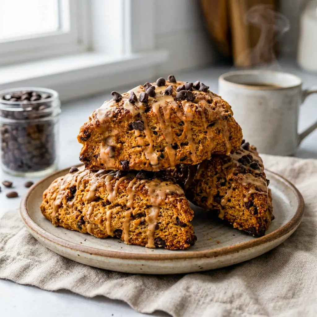 Warm Chocolate Chip Coffee Scones topped with espresso glaze, delicious Breakfast Goodies for a sweet start.