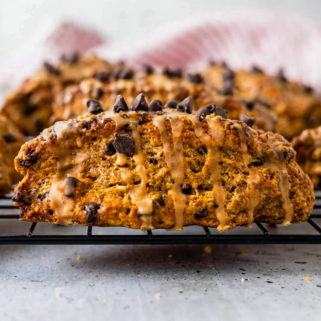 A close-up of Chocolate Chip Coffee Scones with melted chocolate chips, lovely Coffeeshop Food Ideas for brunch or snack time.