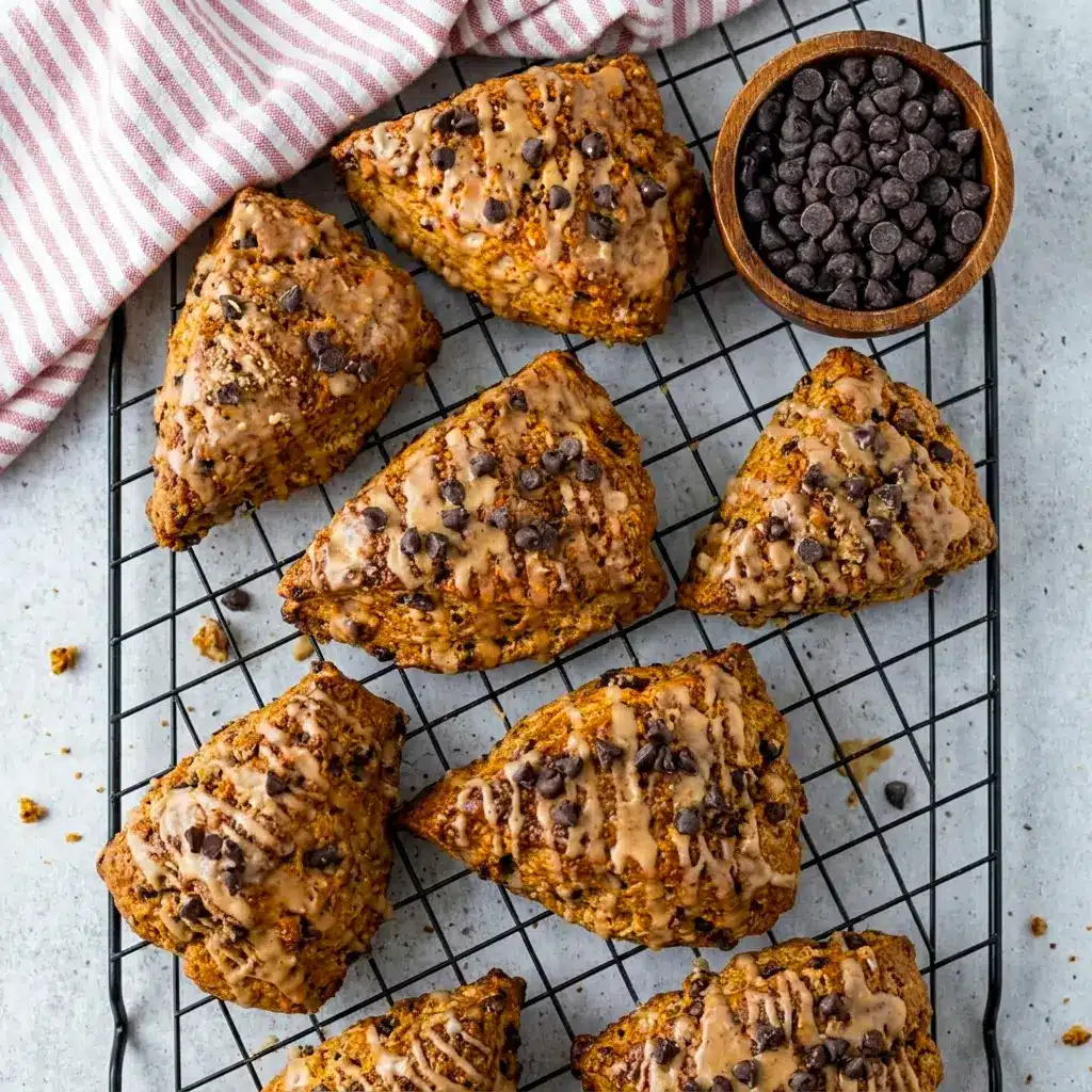 Chocolate Chip Coffee Scones on a plate with a rich glaze, perfect Coffee Flavored Treats for a cozy morning.