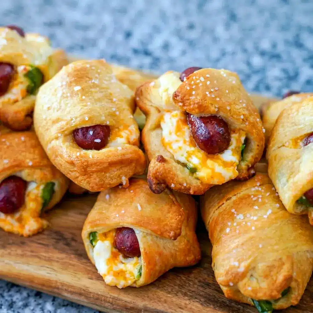 Close-up of Jalapeño Popper Pigs in a Blanket on a game day platter, styled as Lil Smokies Jalapeno Poppers for easy snacking.