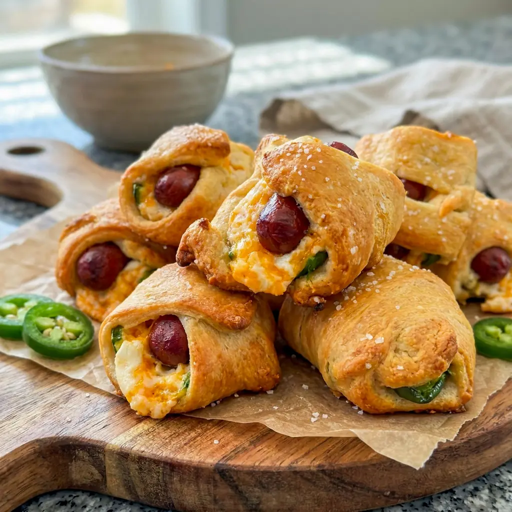 Freshly baked Jalapeño Popper Pigs in a Blanket arranged for Poker Appetizers with a spicy, creamy filling and buttery dough.