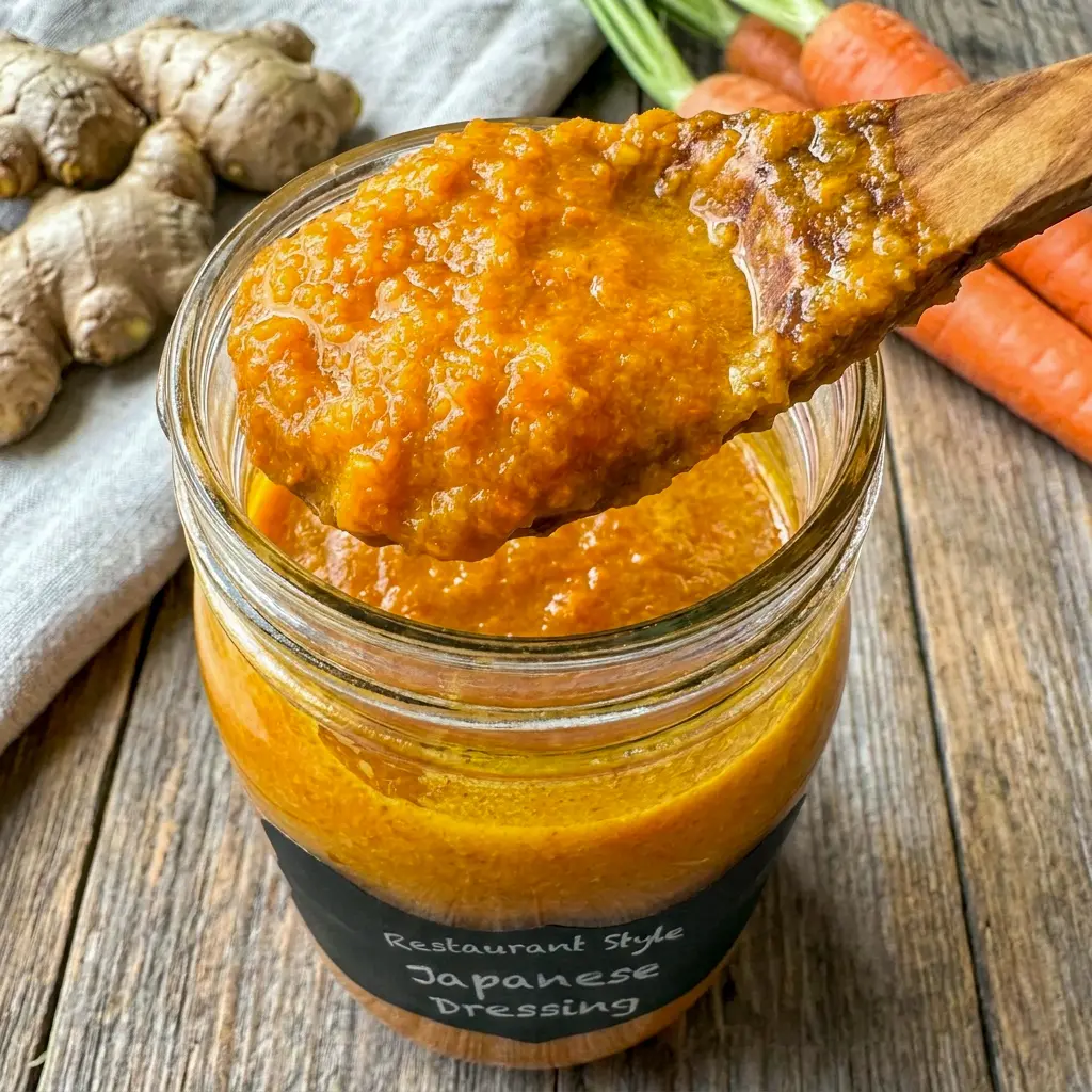 A bright bowl of Japanese Carrot Ginger Dressing served with lettuce, inspired by Japanese Ginger Dressing For Salad.