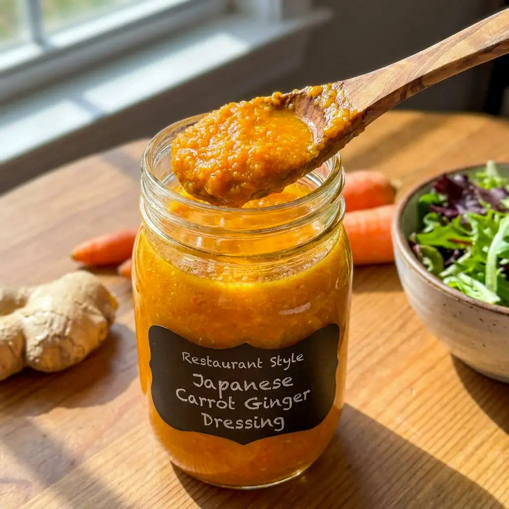 Japanese Carrot Ginger Dressing poured over crisp greens, a fresh take on How To Make Ginger Dressing For Salad.
