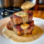 Maple Bacon Pork Chops with Dijon Cream Sauce plated with mashed potatoes for an easy Fancy Comfort Food dinner.