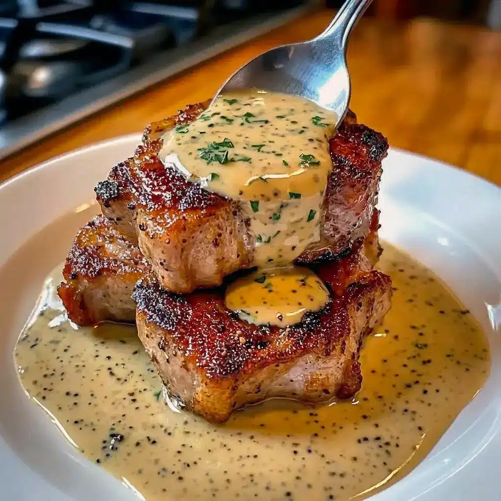 A close-up of Maple Bacon Pork Chops with Dijon Cream Sauce topped with crumbled bacon for one of the best Saucy Pork Chop Recipes.