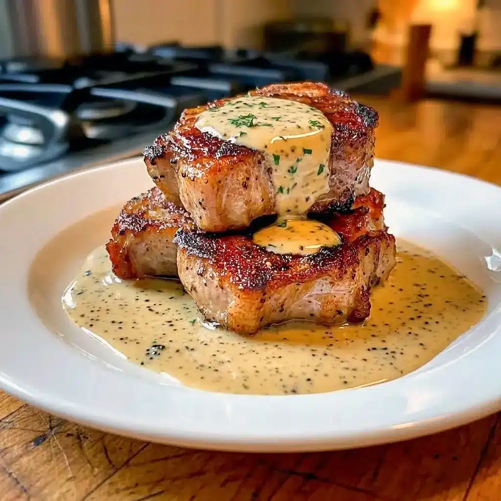 A restaurant-style plate of Maple Bacon Pork Chops with Dijon Cream Sauce that works perfectly for Fancy Dinner Ideas For Two.