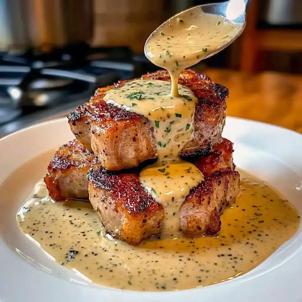 Maple Bacon Pork Chops with Dijon Cream Sauce plated with mashed potatoes for an easy Fancy Comfort Food dinner.