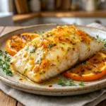 A bright plate of Orange Dijon Grilled Halibut with a fresh citrus glaze, perfect for Grilled Halibut Dinner nights.