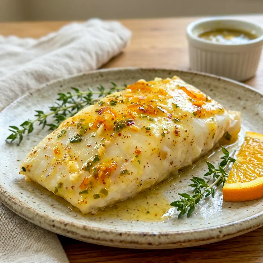 Elegant Orange Dijon Grilled Halibut topped with herbs and glaze, one of the tastiest Orange Halibut Recipes for warm weather.