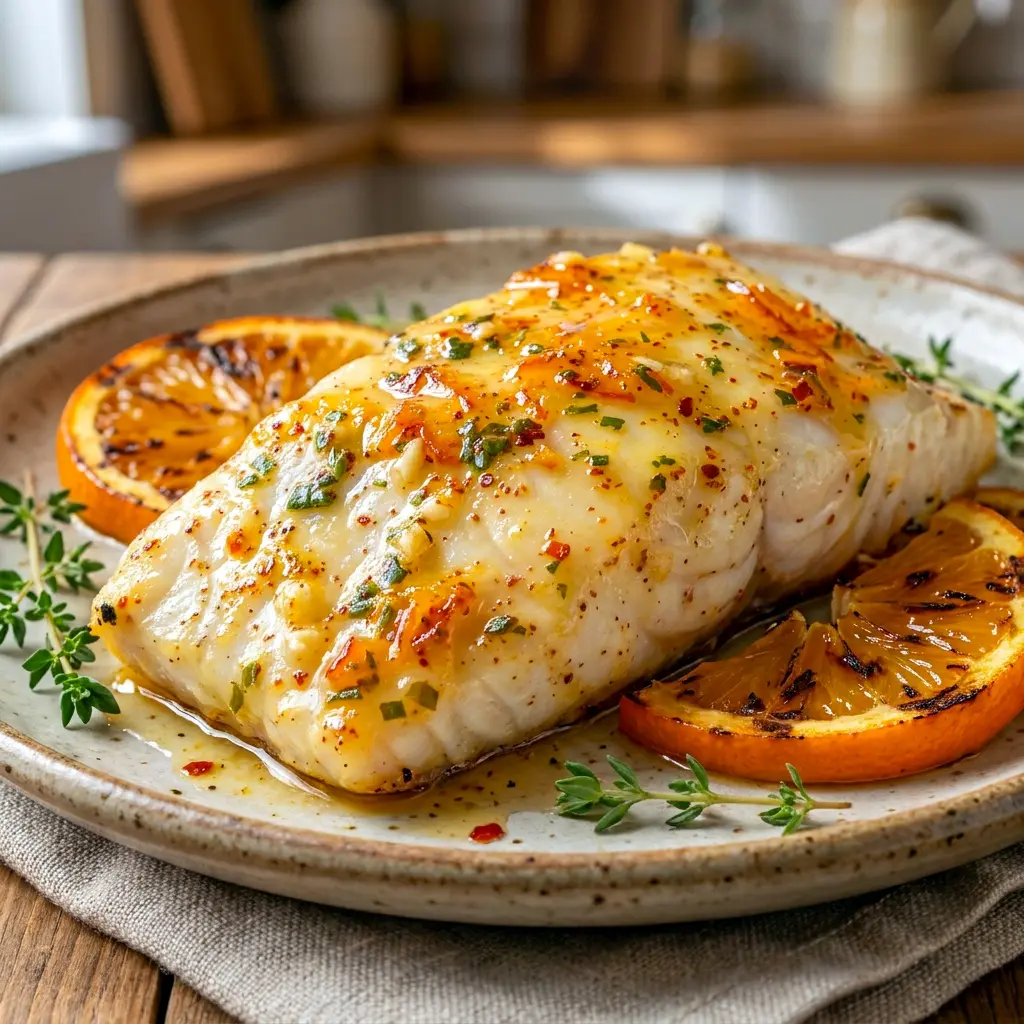A bright plate of Orange Dijon Grilled Halibut with a fresh citrus glaze, perfect for Grilled Halibut Dinner nights.