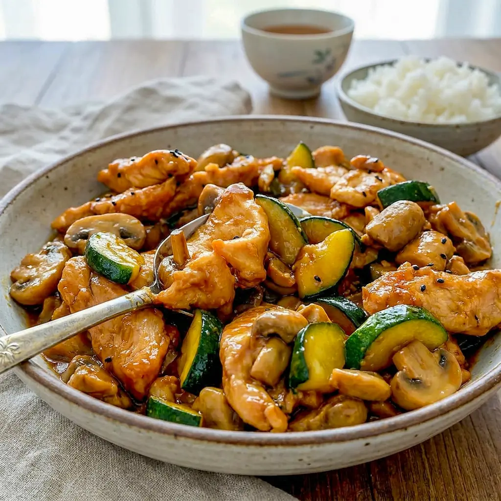 Panda Express Mushroom Chicken Copycat in a skillet with tender vegetables, showing simple Mushroom Stir-fry Ingredients And Cooking in progress.