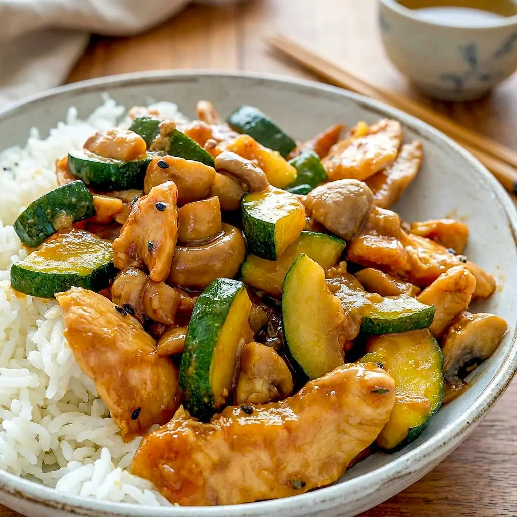 Panda Express Mushroom Chicken Copycat plated with zucchini and mushrooms, a flavorful Copycat Panda Mushroom Chicken meal that feels restaurant-worthy.