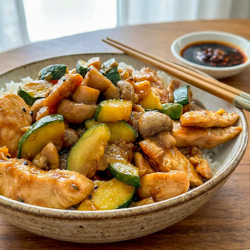 Panda Express Mushroom Chicken Copycat served over rice with glossy sauce, a tasty Panda Express Mushroom Chicken Recipe for an easy dinner.