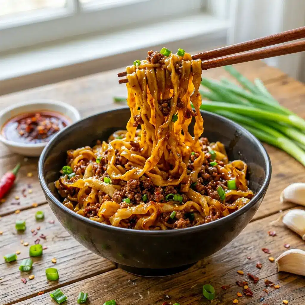Potsticker Noodle Bowl topped with ground pork, green onions, and tender noodles for an easy takeout-style meal like Potsticker Noodles.