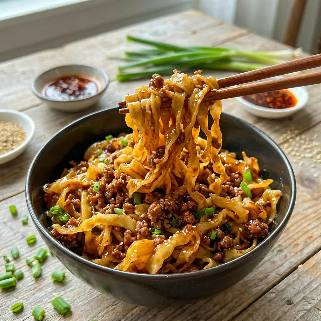 Potsticker Noodle Bowl served in a cozy bowl with crisp cabbage and rich sauce for a simple Pot Sticker Bowl Recipe.