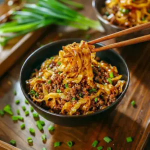 Potsticker Noodle Bowl with pork, cabbage slaw, and chewy noodles in a savory skillet dinner inspired by Potsticker Bowls.