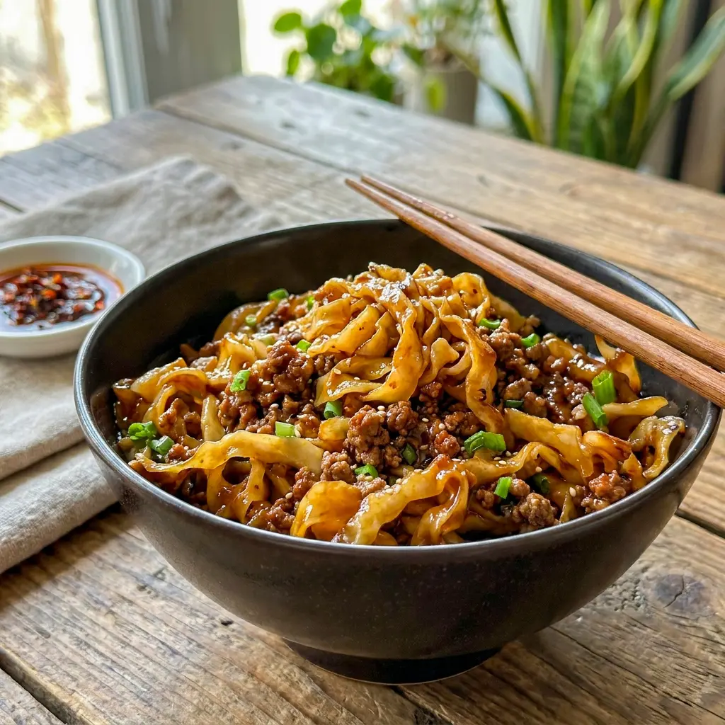 Potsticker Noodle Bowl with glossy noodles, savory pork, and crunchy slaw in a flavorful Potsticker Noodle Bowl Recipe.