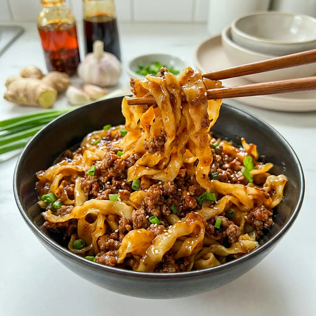 Potsticker Noodle Bowl packed with cabbage, pork, and soy-garlic sauce for a comfort-food twist on Pot Sticker Noodle Bowl.