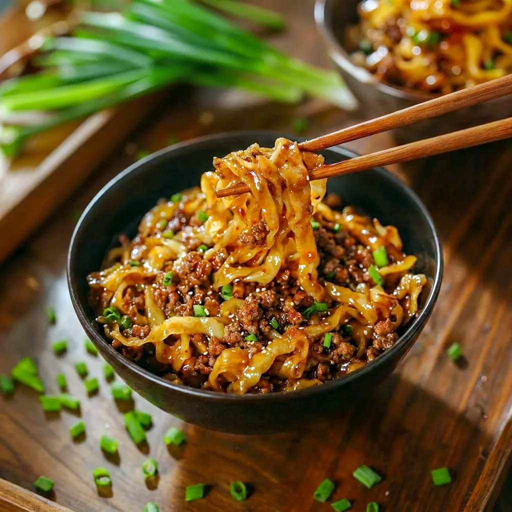 Potsticker Noodle Bowl with pork, cabbage slaw, and chewy noodles in a savory skillet dinner inspired by Potsticker Bowls.