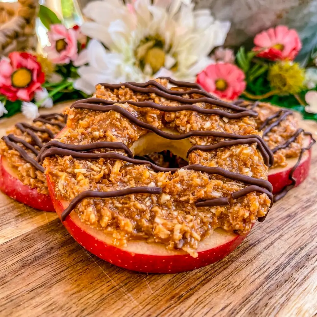 Samoa Apple Slices make a fun and wholesome treat for Apple Themed Snacks with creamy coconut topping and chocolate drizzle.