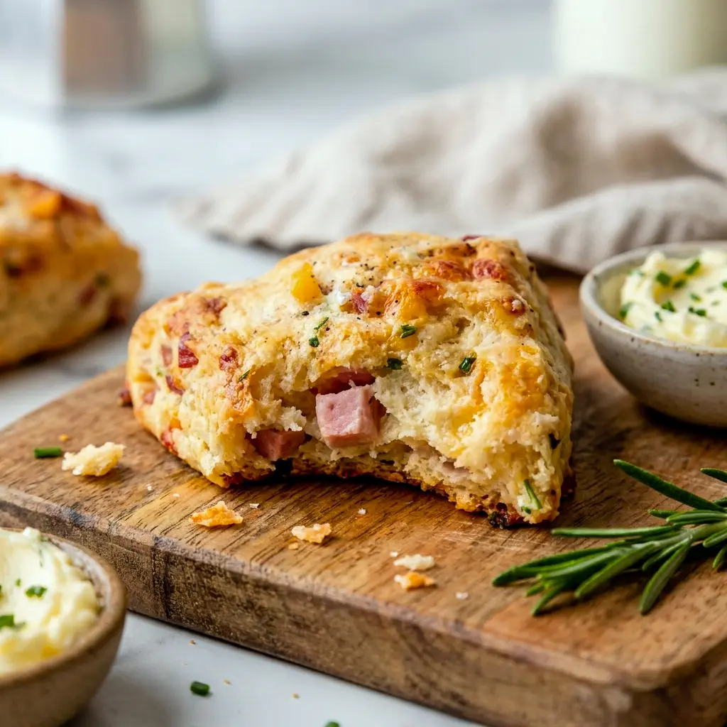 Close-up of Savory Ham And Cheese Scones with crisp edges and melty cheese, perfect for Cheese Scones fans.