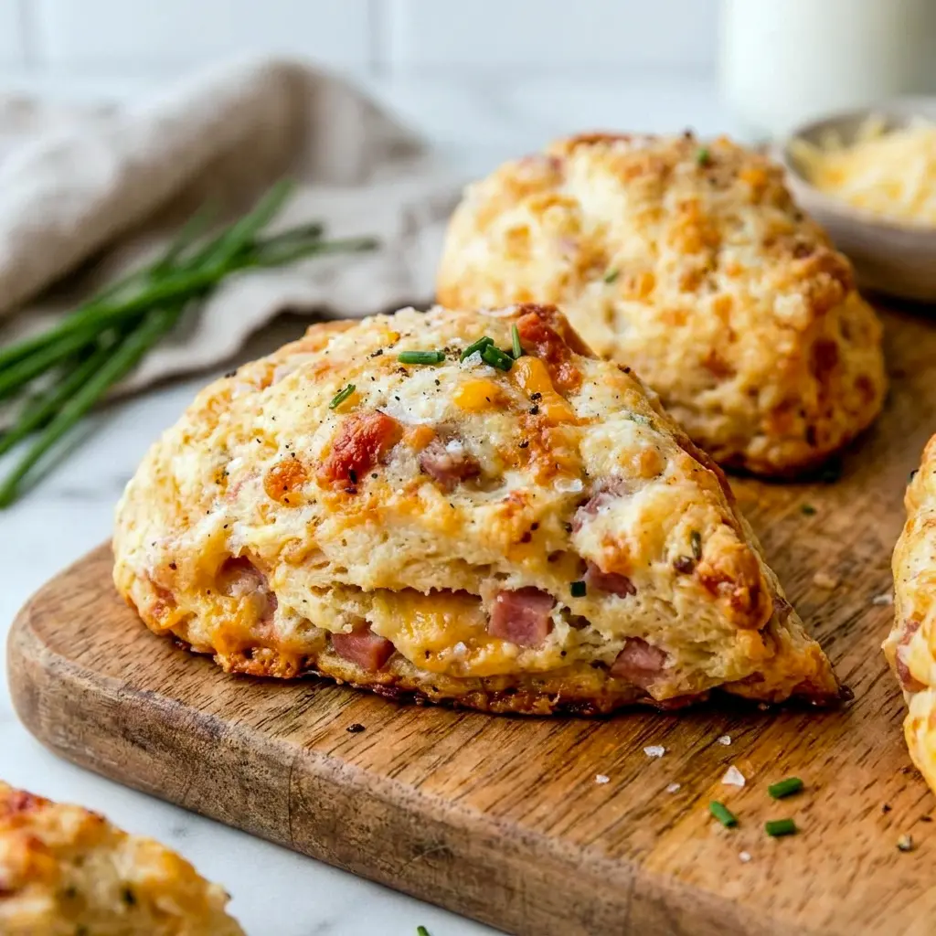 Warm Savory Ham And Cheese Scones on a rustic board, showing a soft center and flaky layers for Homemade Scones inspiration.
