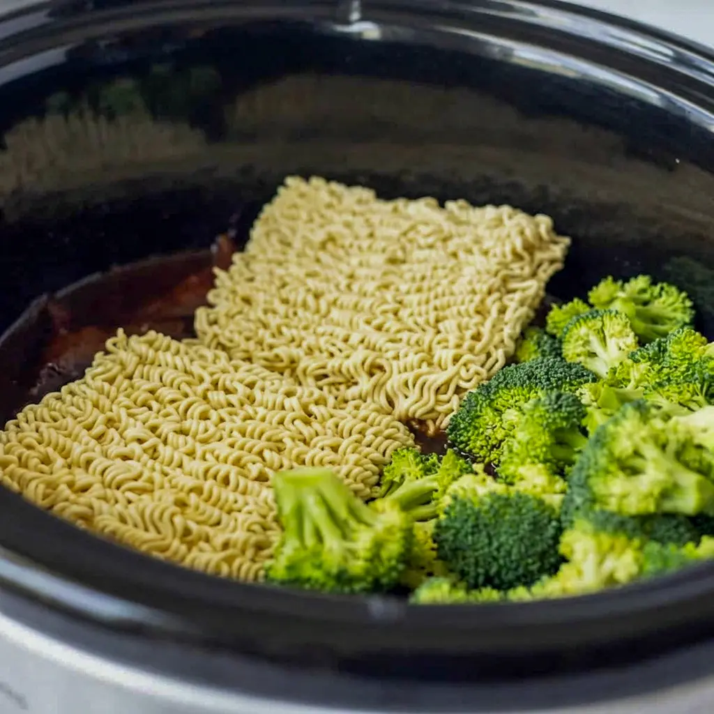 Slow Cooker Beef and Broccoli Ramen with tender beef and sauce for a comforting Crockpot Dinner Beef meal.