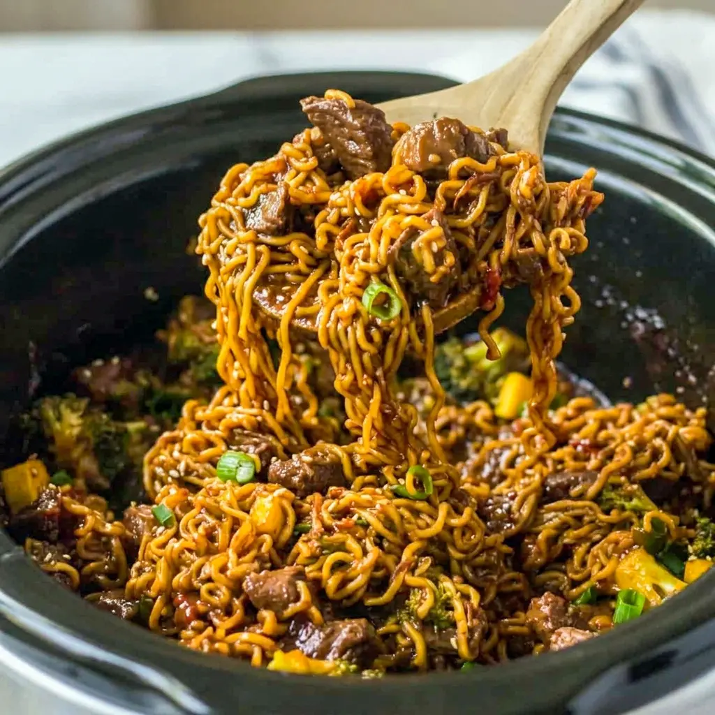 Slow Cooker Beef and Broccoli Ramen made into a cozy bowl from Crock Pot Ramen Noodle Recipes.