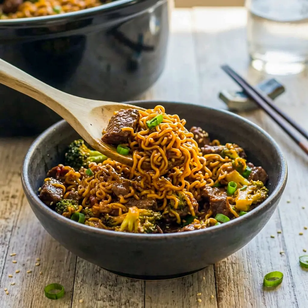 Slow Cooker Beef and Broccoli Ramen with broccoli and noodles for delicious Easy Crockpot Meals Asian flavor.