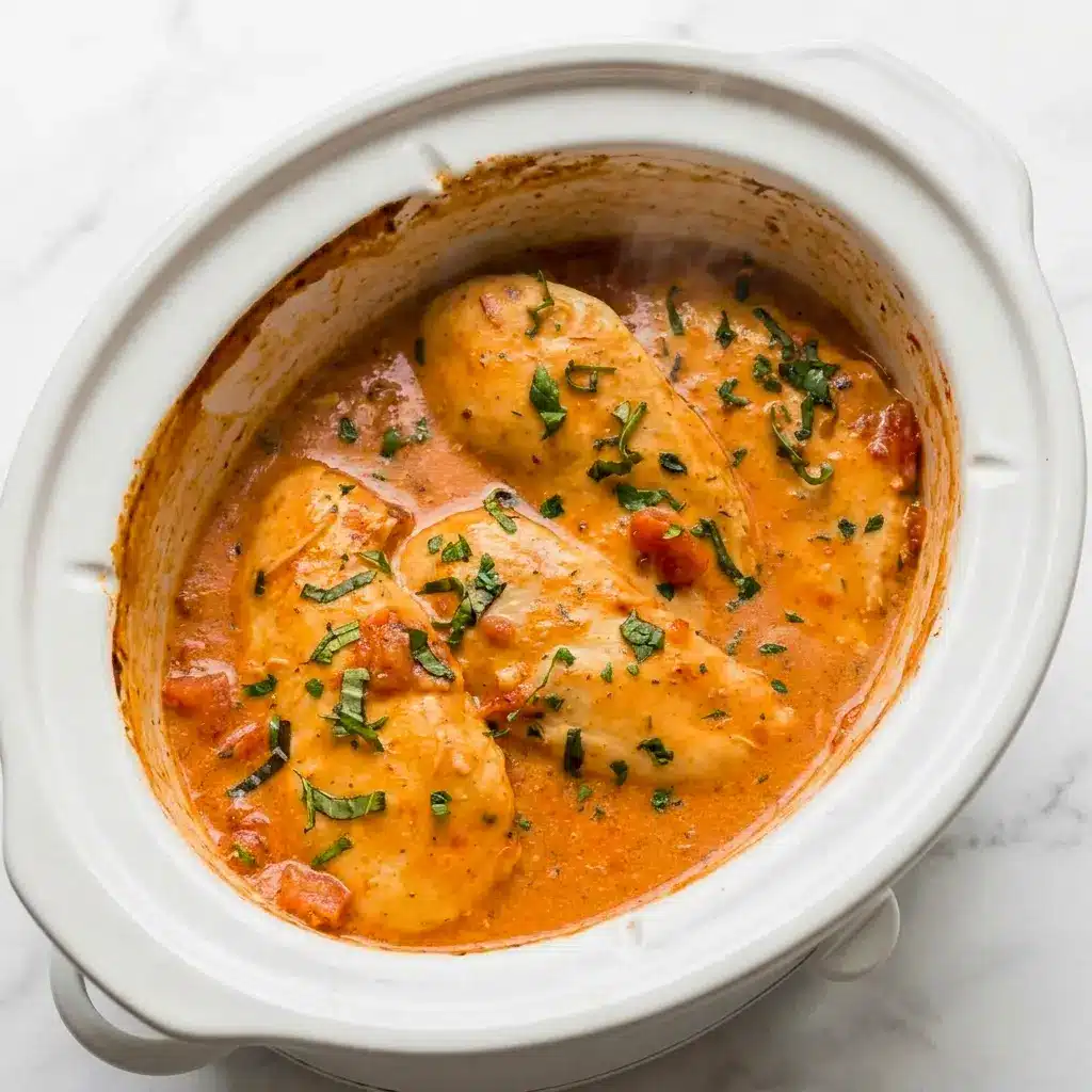 Slow Cooker Creamy Tomato Basil Chicken Breast is a simple family meal inspired by Basil Crockpot Chicken, served with a bold, creamy tomato sauce.