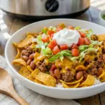 Slow Cooker Smothered Fritos Taco Bowls served in a hearty family-style dinner with a Mexican Food Recipes vibe and plenty of crunchy toppings.