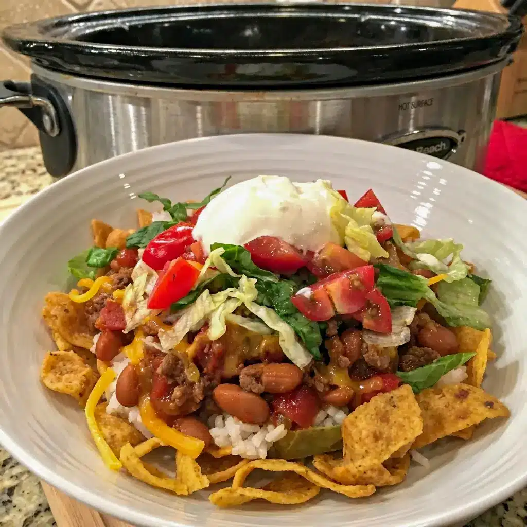 A close-up of Slow Cooker Smothered Fritos Taco Bowls topped with cheese, sour cream, and fresh cilantro for easy Food Dishes inspiration.