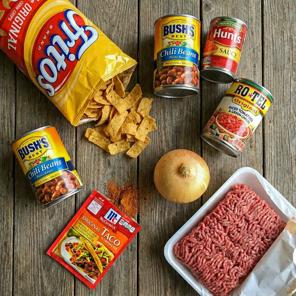 A delicious bowl of Slow Cooker Smothered Fritos Taco Bowls layered over chips, showing off a fun Appetizer Recipes style presentation.