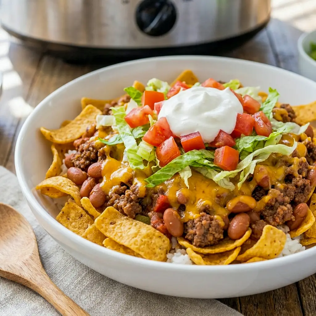 Slow Cooker Smothered Fritos Taco Bowls served in a hearty family-style dinner with a Mexican Food Recipes vibe and plenty of crunchy toppings.