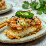 Fresh and vibrant Spicy Tuna Crispy Rice bites styled as an easy Crispy Tuna Appetizer for sushi night.