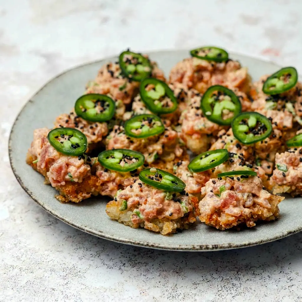 Golden Spicy Tuna Crispy Rice squares topped with spicy mayo, perfect for Lunch Snack Ideas For Work.