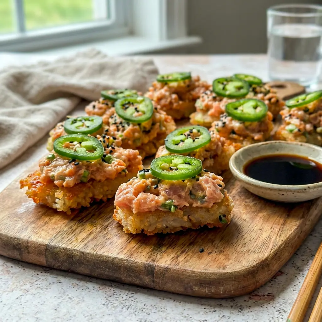 Close-up of Spicy Tuna Crispy Rice with jalapeño and sesame seeds for a bold Asian-inspired Tuna Dish.