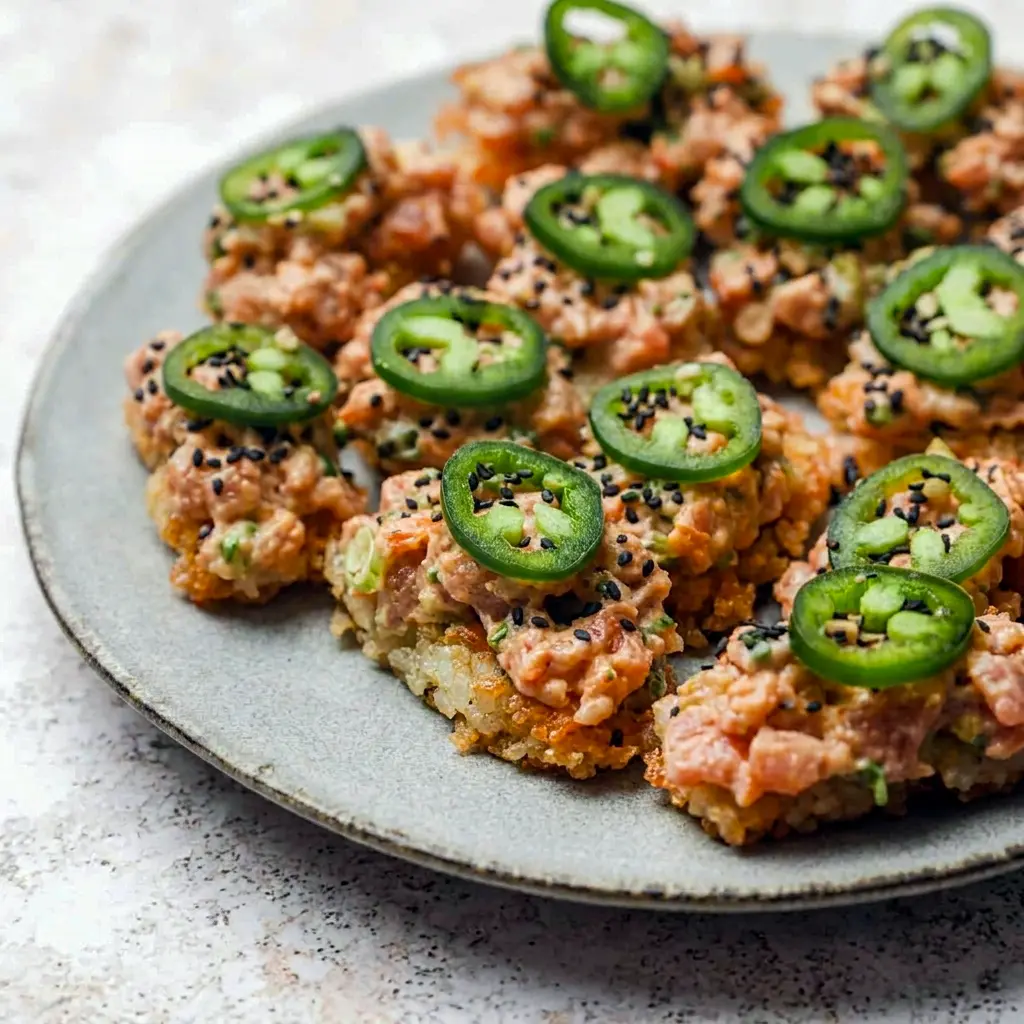 Platter of Spicy Tuna Crispy Rice served as a delicious Spicy Tuna Snack Idea for sharing.