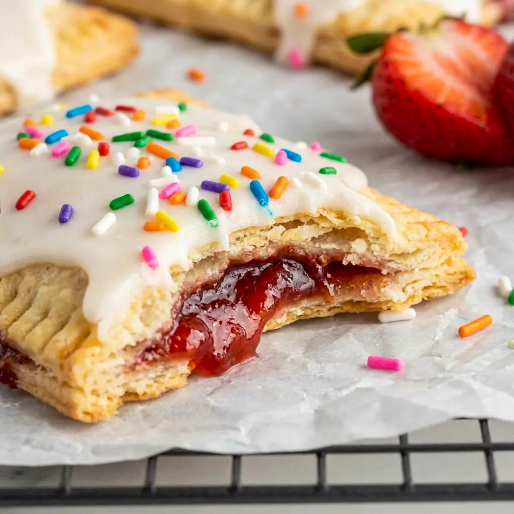 Strawberry Sheet Pan Pop Tart on a serving tray with a glossy strawberry filling, perfect for Morning Party Food Ideas and special breakfasts.